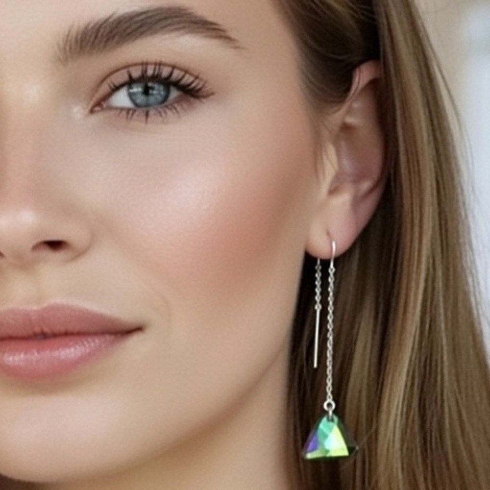 Swarovski Crystal Trillion shape Sterling Silver Chain Threader Earrings